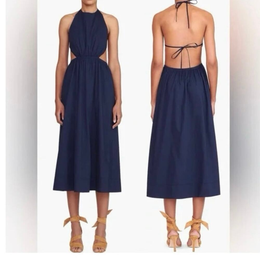 Staud Navy Vanessa Open Tie Back Halter Cotton Poplin Midi Dress Womens XL